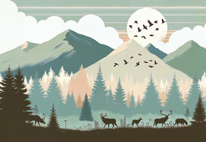 Papier peint montagne bébé sapins et pleine lune