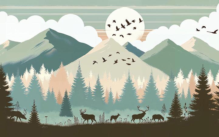 Papier peint montagne bébé sapins et pleine lune