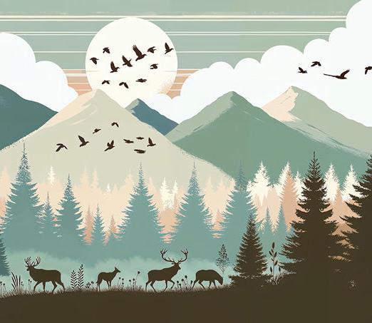 Papier peint montagne bébé sapins et pleine lune