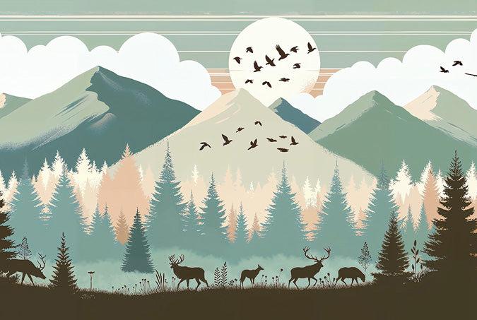 Papier peint montagne bébé sapins et pleine lune