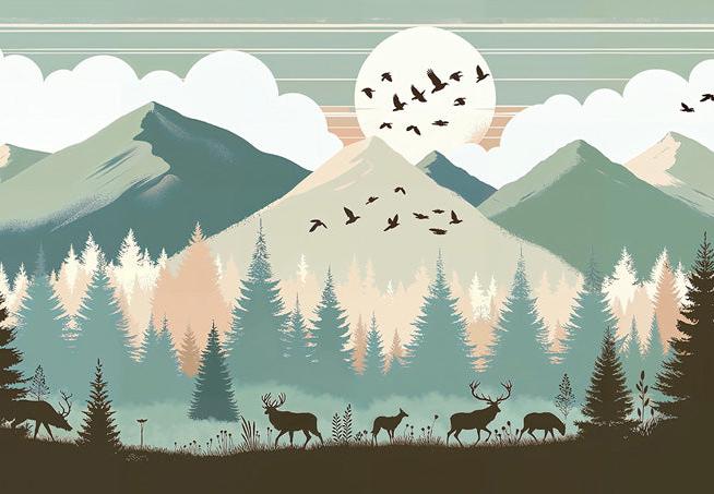 Papier peint montagne bébé sapins et pleine lune