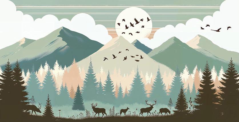 Papier peint montagne bébé sapins et pleine lune