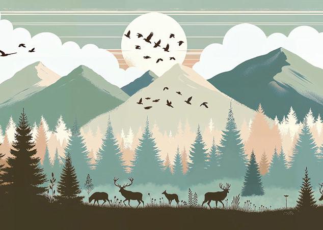 Papier peint montagne bébé sapins et pleine lune