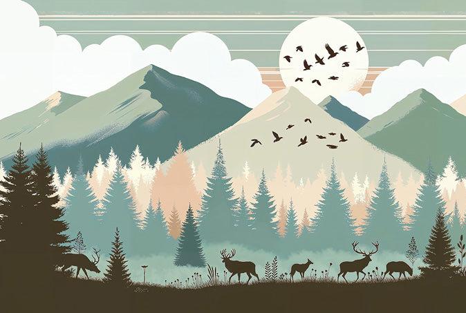 Papier peint montagne bébé sapins et pleine lune