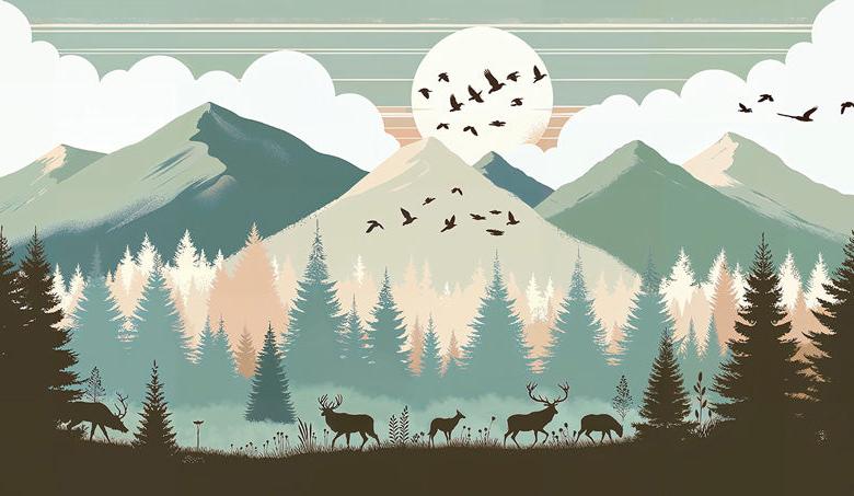 Papier peint montagne bébé sapins et pleine lune