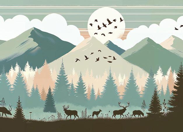 Papier peint montagne bébé sapins et pleine lune