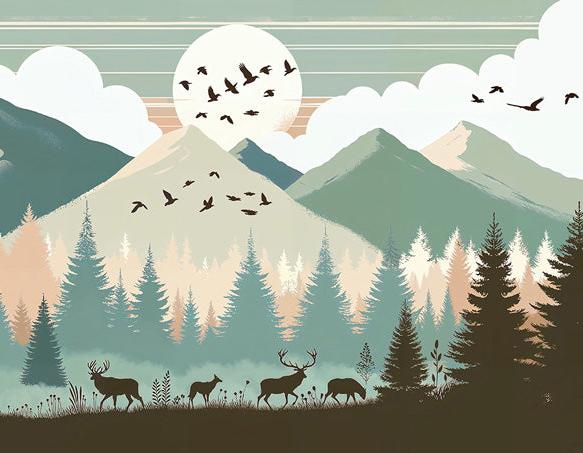 Papier peint montagne bébé sapins et pleine lune