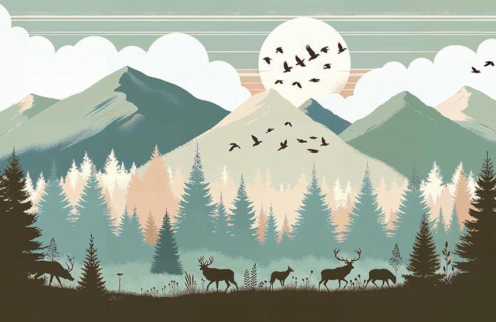 Papier peint montagne bébé sapins et pleine lune