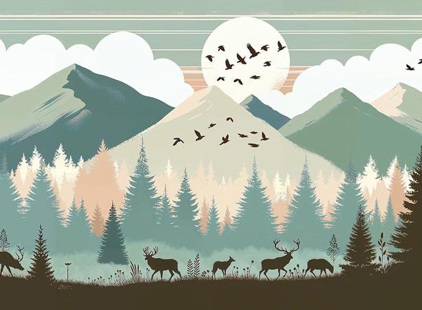 Papier peint montagne bébé sapins et pleine lune