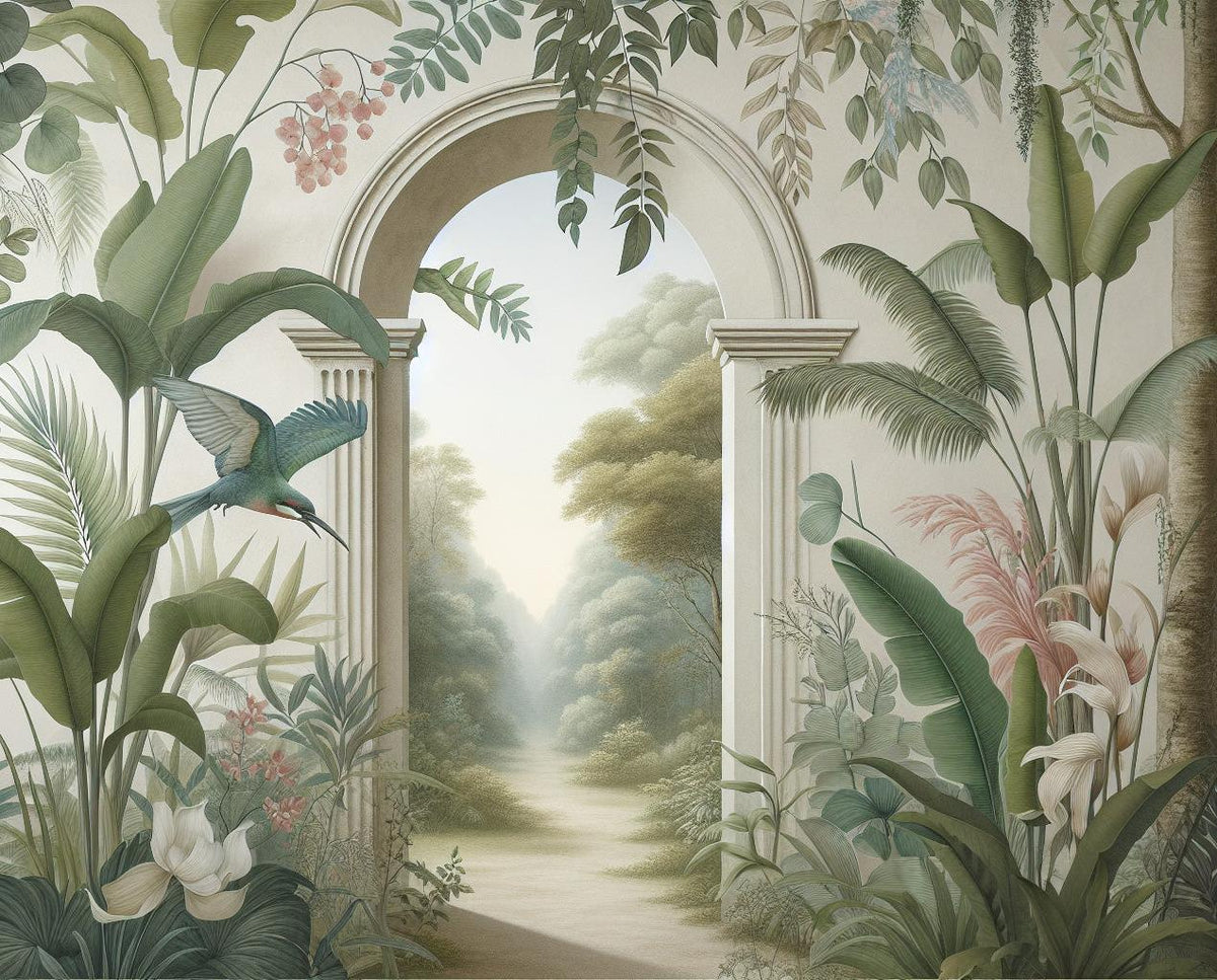 Papier peint trompe-l'œil arche forêt tropicale