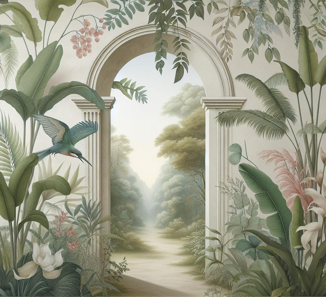 Papier peint trompe-l'œil arche forêt tropicale