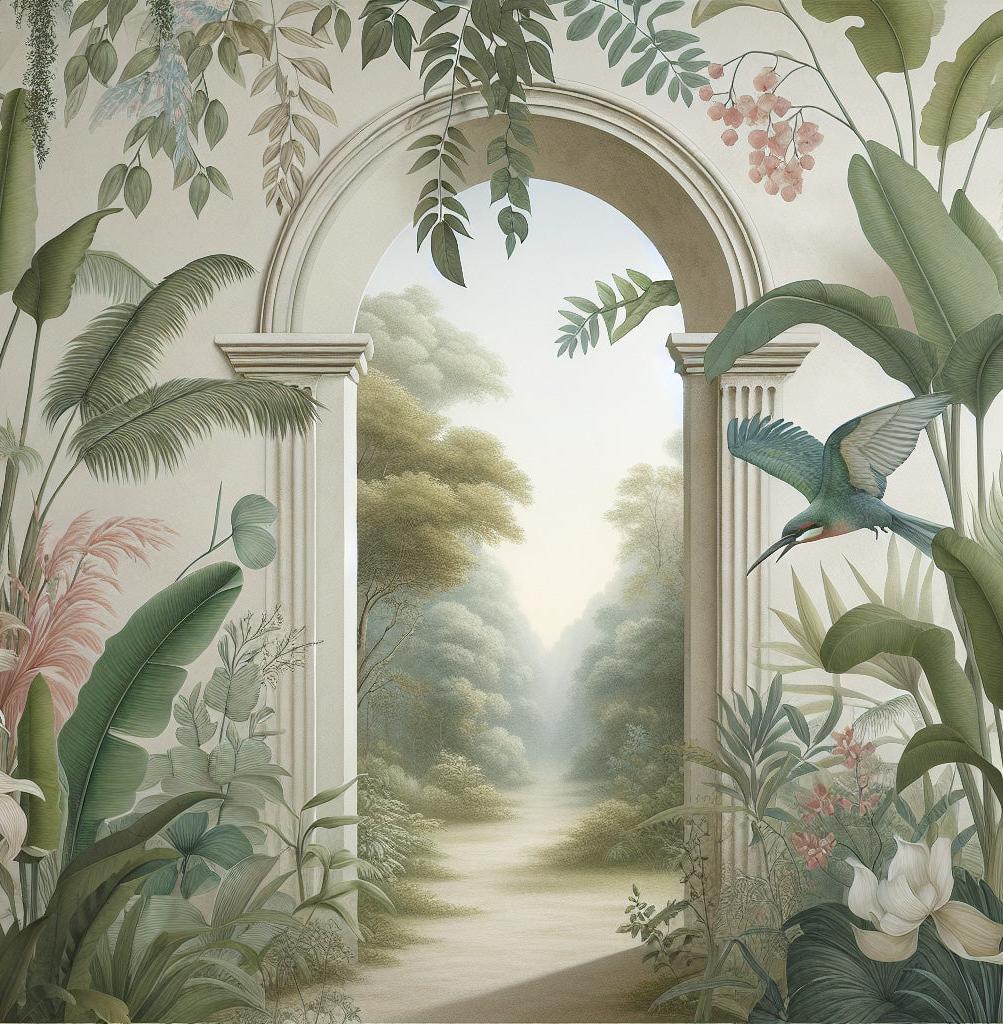 Papier peint trompe-l'œil arche forêt tropicale