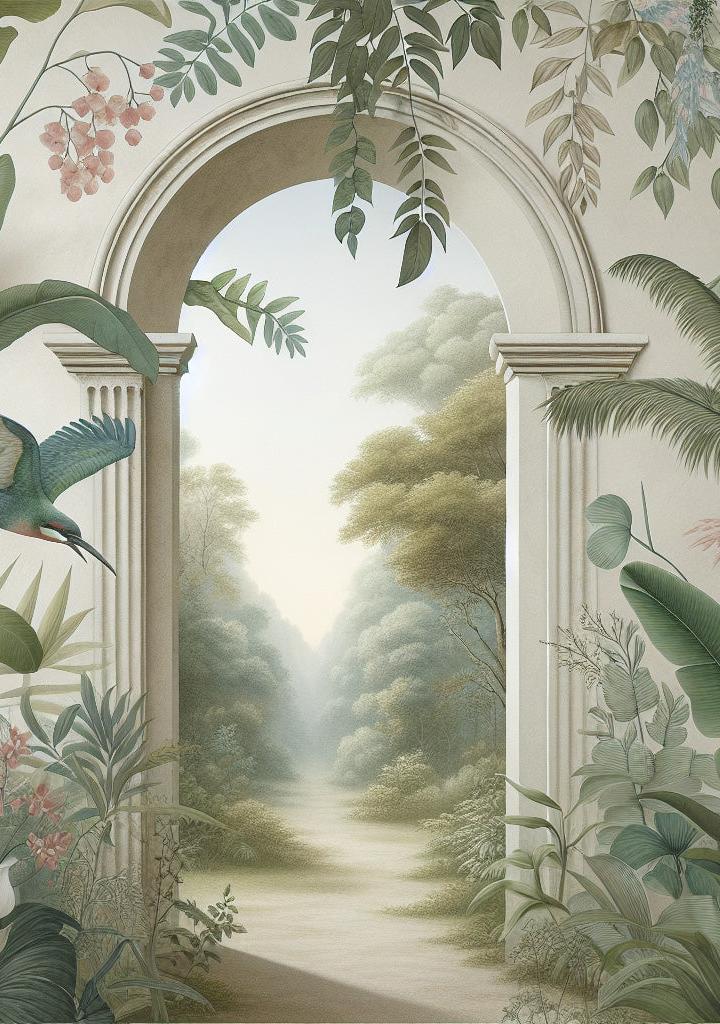 Papier peint trompe-l'œil arche forêt tropicale