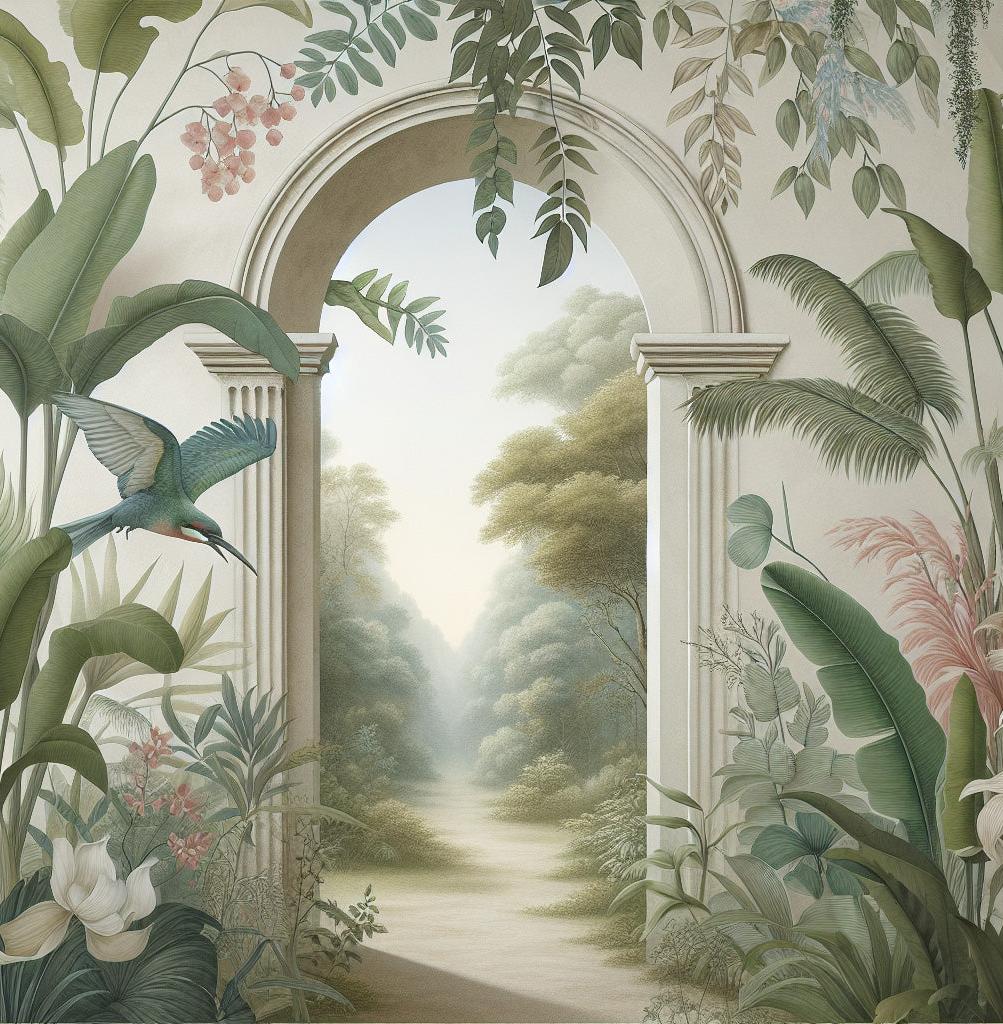 Papier peint trompe-l'œil arche forêt tropicale