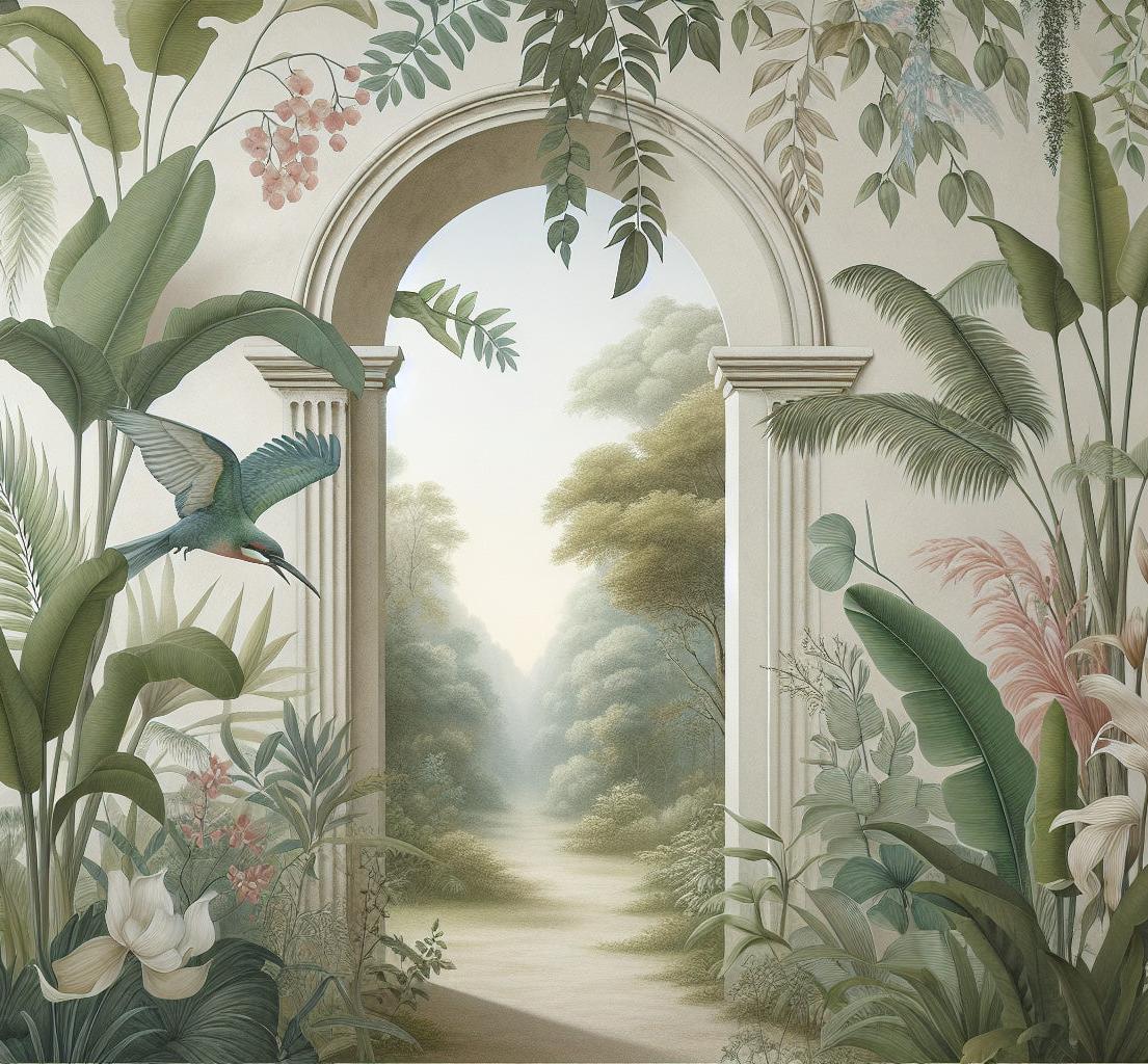Papier peint trompe-l'œil arche forêt tropicale