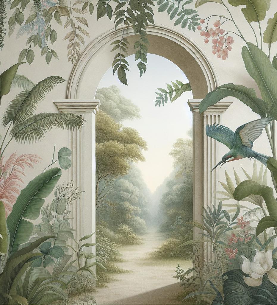 Papier peint trompe-l'œil arche forêt tropicale