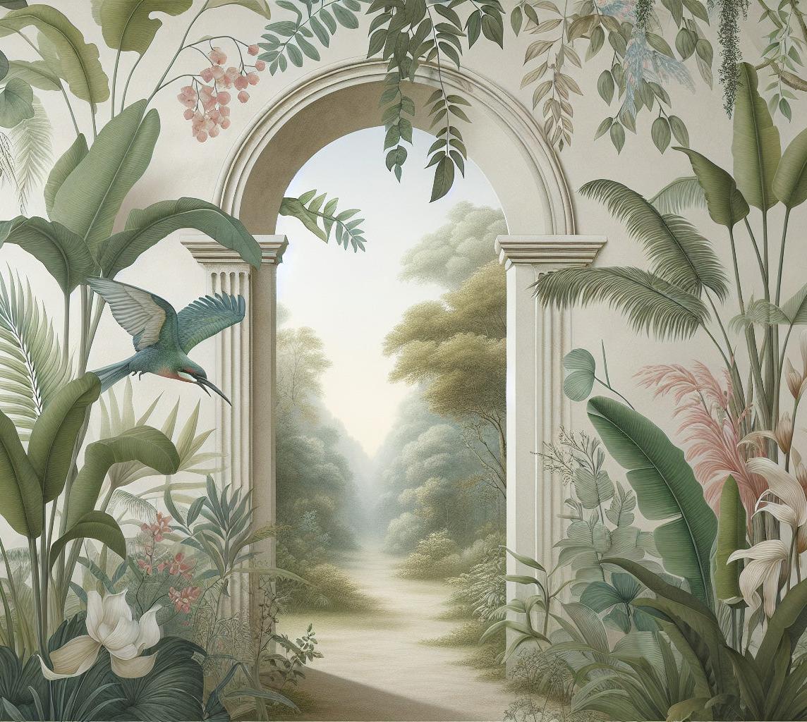 Papier peint trompe-l'œil arche forêt tropicale