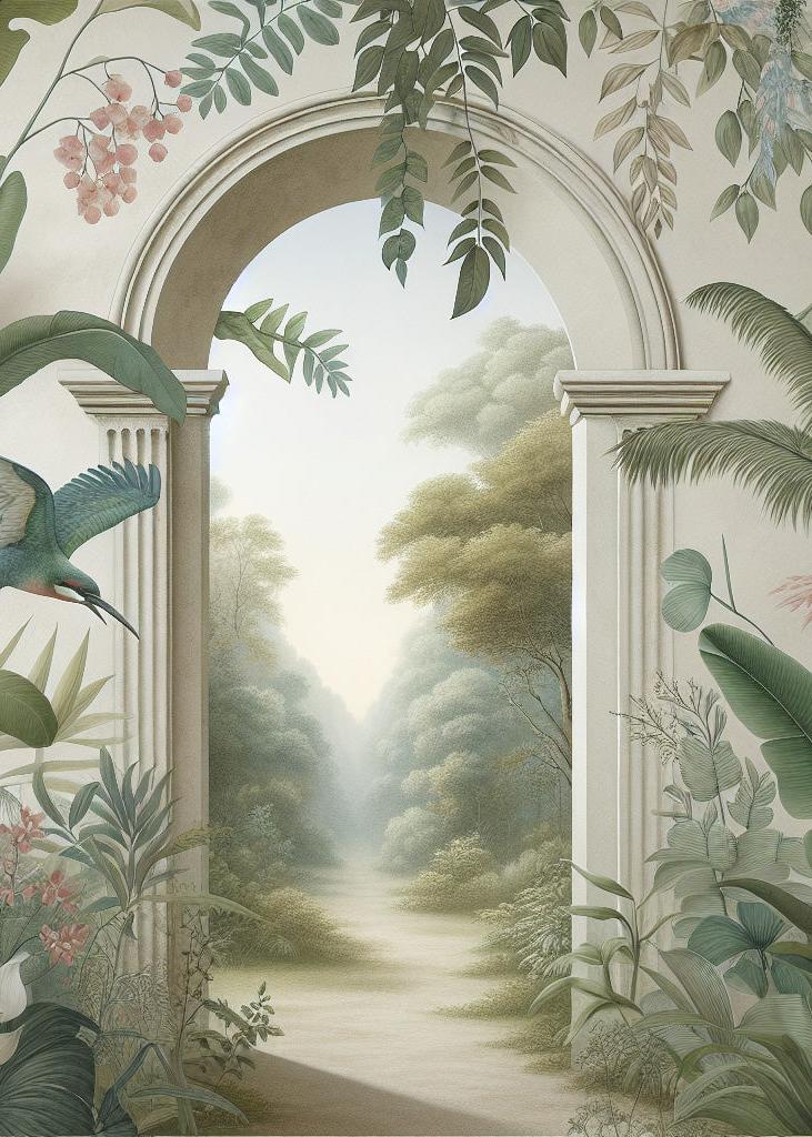 Papier peint trompe-l'œil arche forêt tropicale