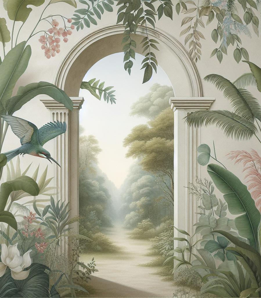 Papier peint trompe-l'œil arche forêt tropicale