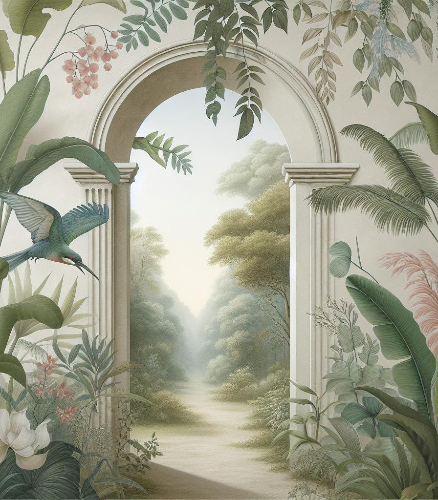 Papier peint trompe-l'œil arche forêt tropicale