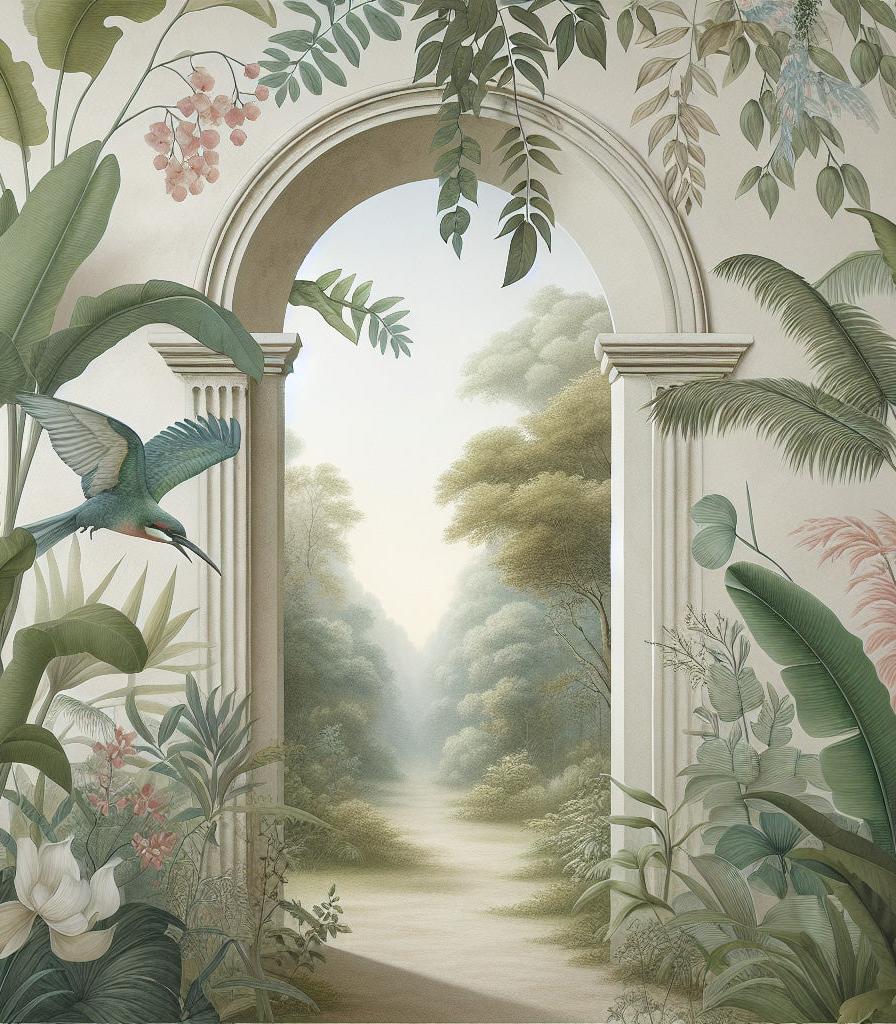 Papier peint trompe-l'œil arche forêt tropicale