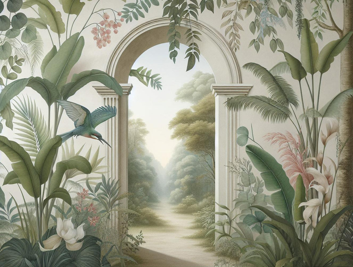 Papier peint trompe-l'œil arche forêt tropicale