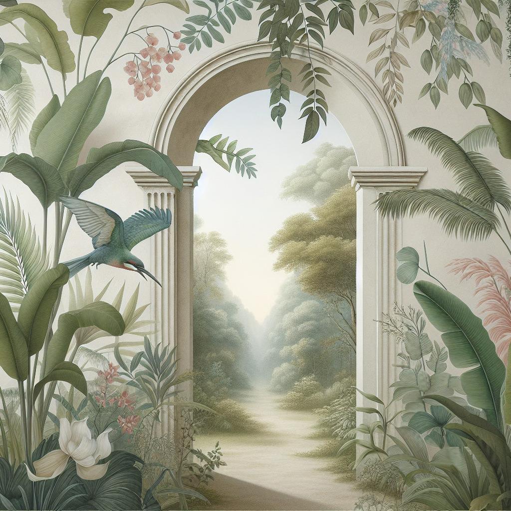 Papier peint trompe-l'œil arche forêt tropicale