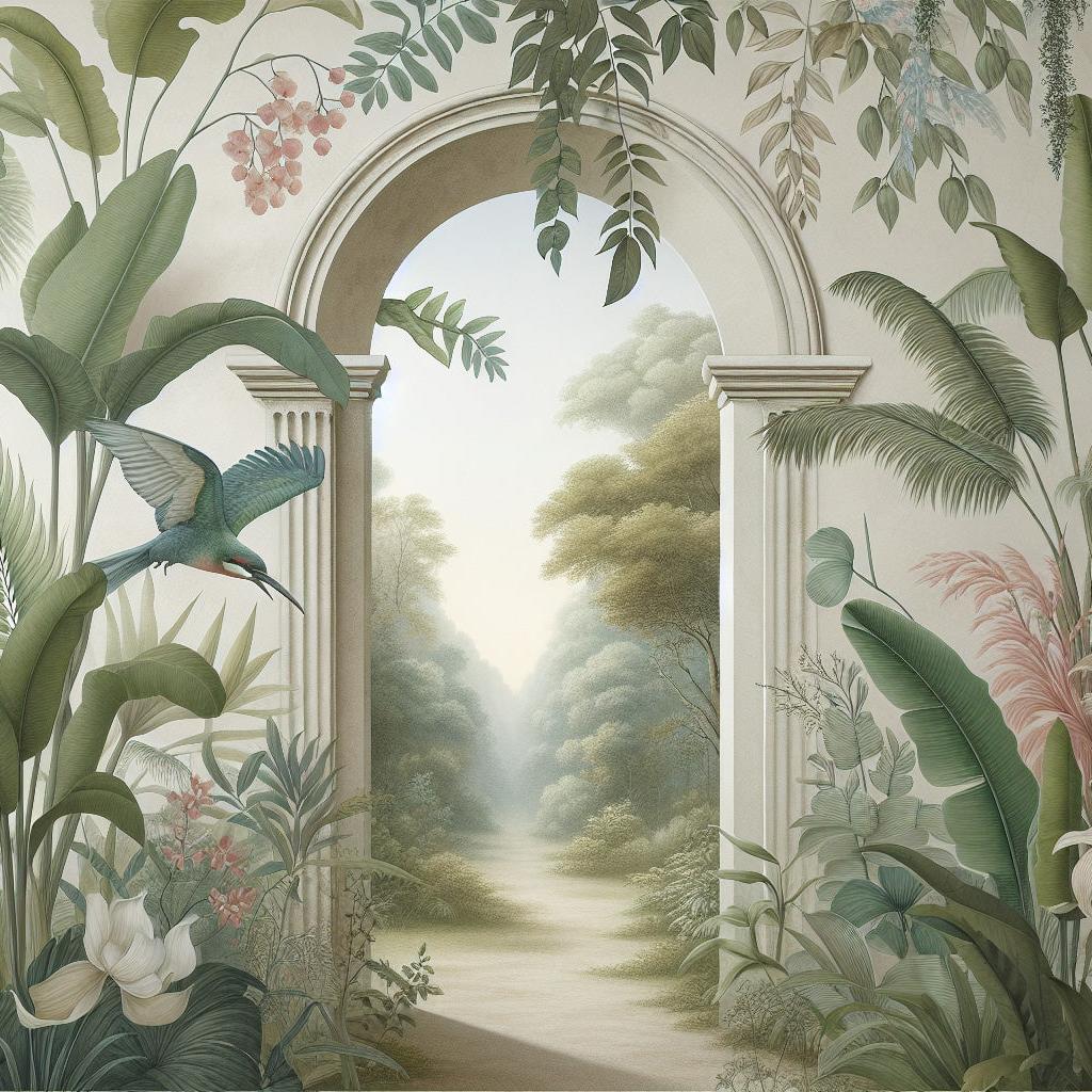 Papier peint trompe-l'œil arche forêt tropicale