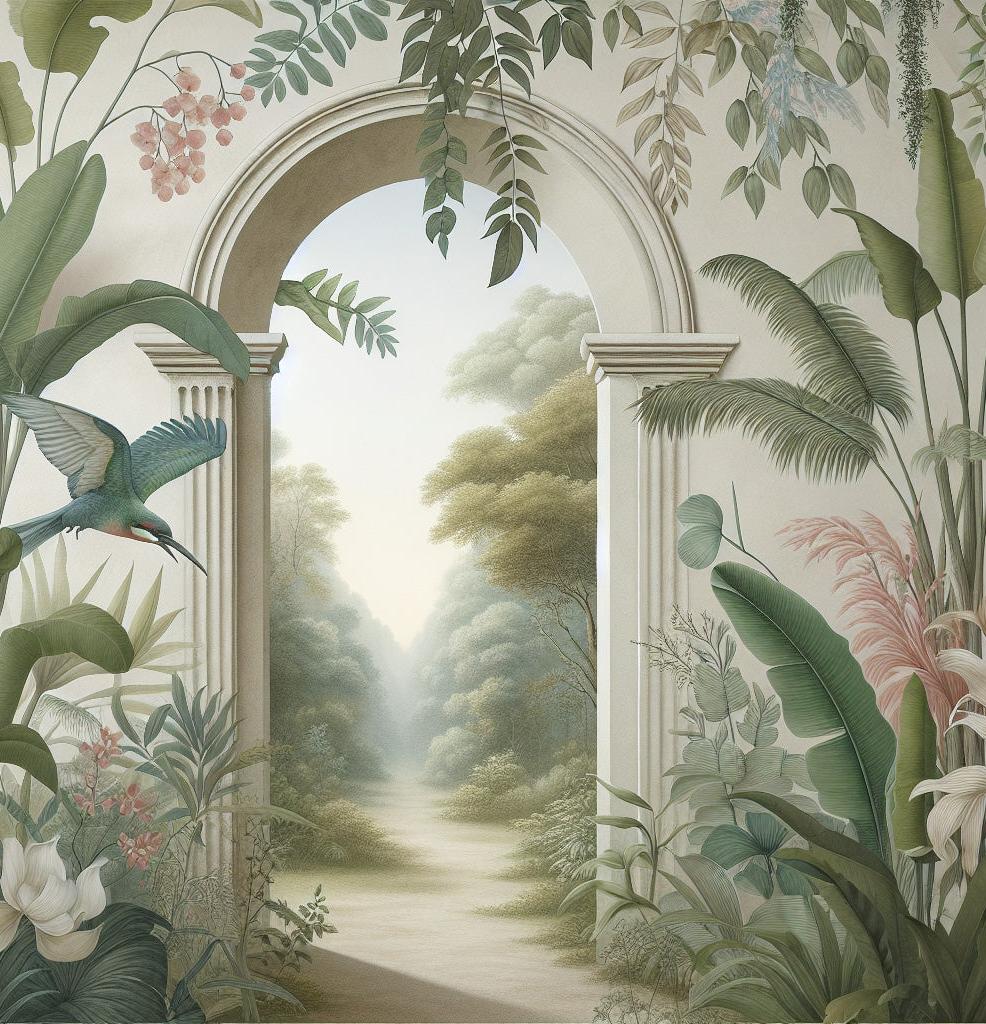 Papier peint trompe-l'œil arche forêt tropicale