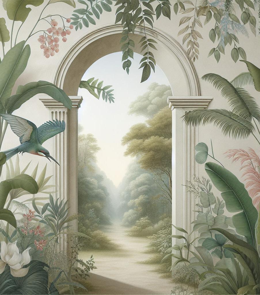 Papier peint trompe-l'œil arche forêt tropicale