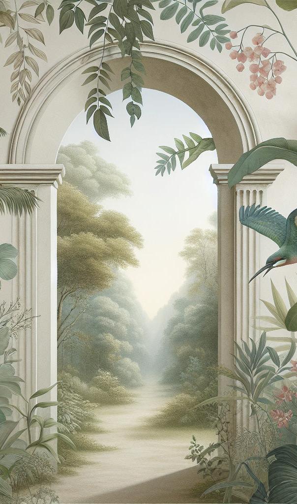 Papier peint trompe-l'œil arche forêt tropicale
