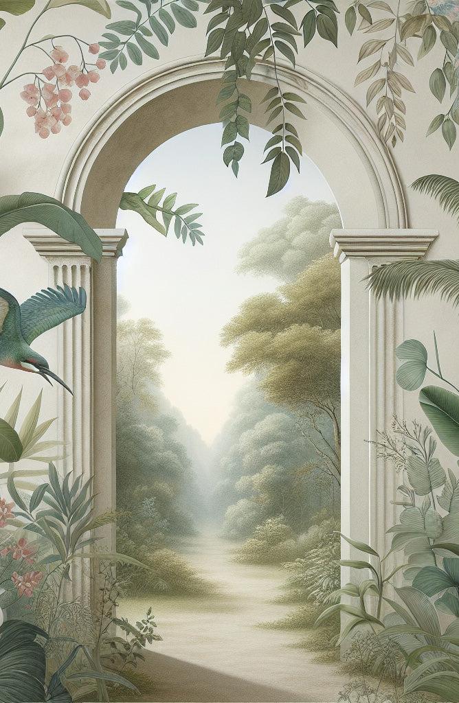 Papier peint trompe-l'œil arche forêt tropicale