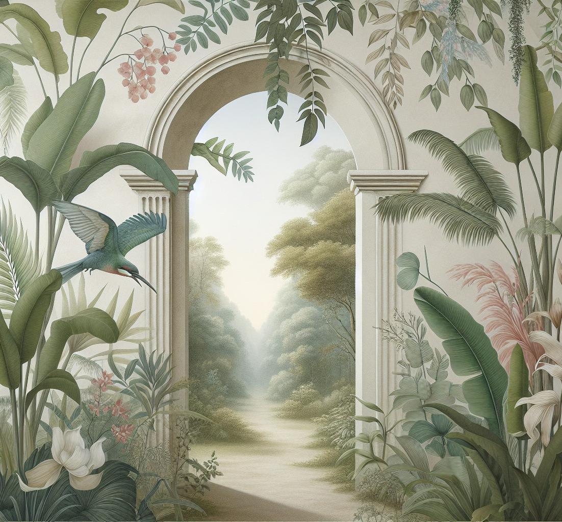 Papier peint trompe-l'œil arche forêt tropicale