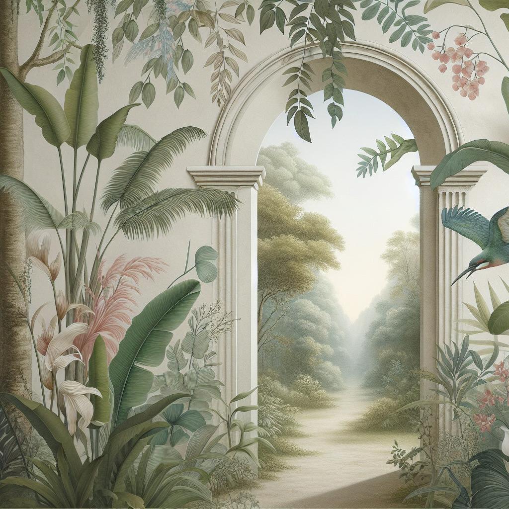 Papier peint trompe-l'œil arche forêt tropicale