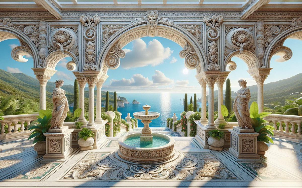Papier peint trompe-l'œil fontaine méditerranéenne
