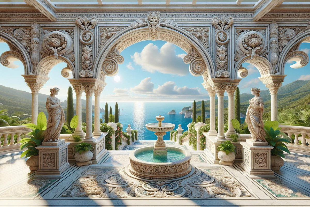 Papier peint trompe-l'œil fontaine méditerranéenne