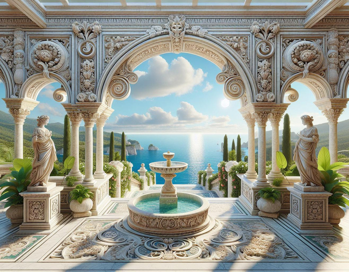 Papier peint trompe-l'œil fontaine méditerranéenne