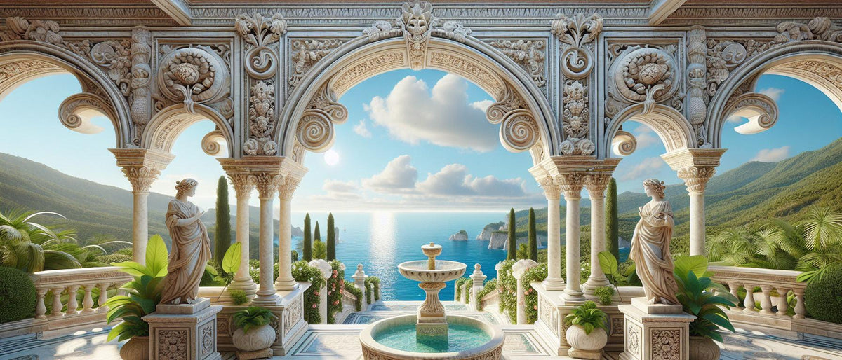 Papier peint trompe-l'œil fontaine méditerranéenne