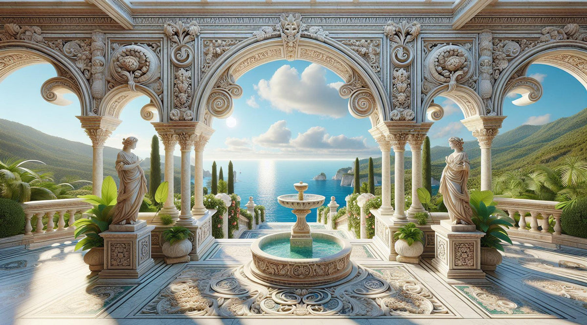 Papier peint trompe-l'œil fontaine méditerranéenne