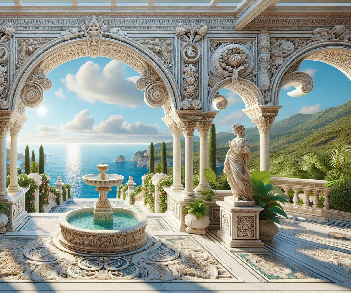 Papier peint trompe-l'œil fontaine méditerranéenne