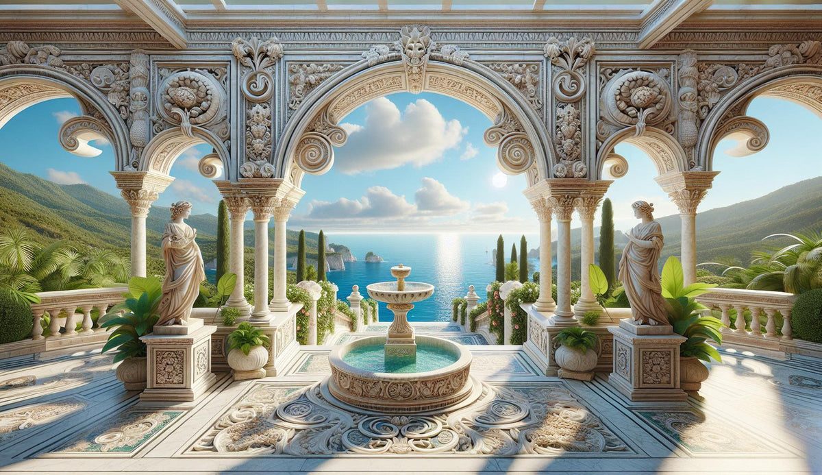 Papier peint trompe-l'œil fontaine méditerranéenne