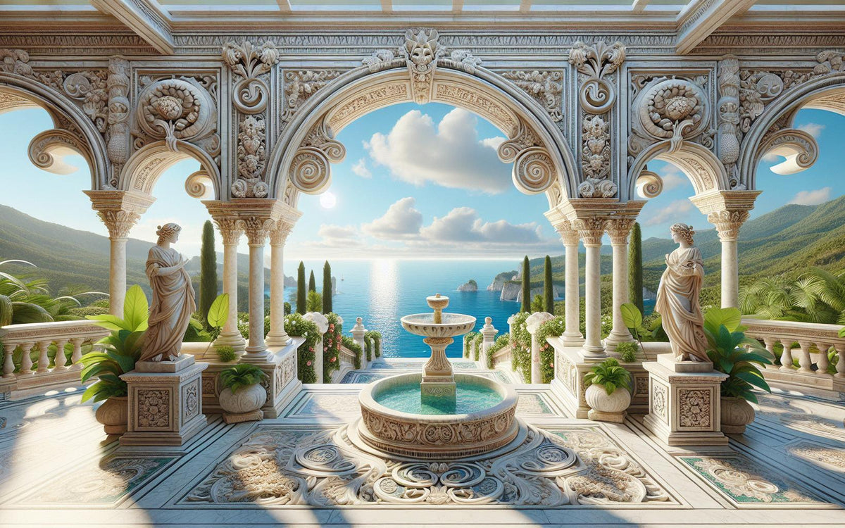 Papier peint trompe-l'œil fontaine méditerranéenne