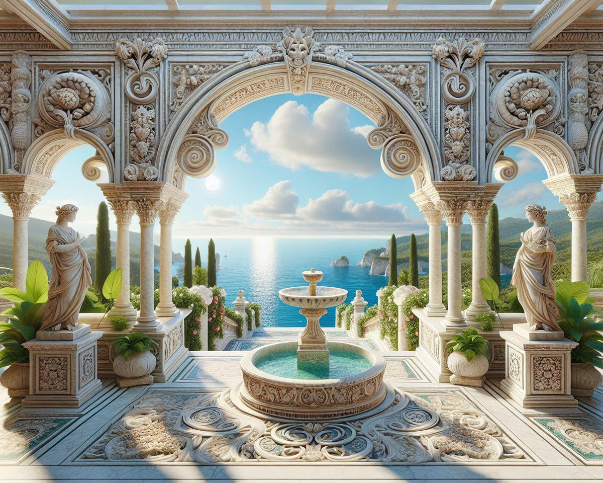 Papier peint trompe-l'œil fontaine méditerranéenne