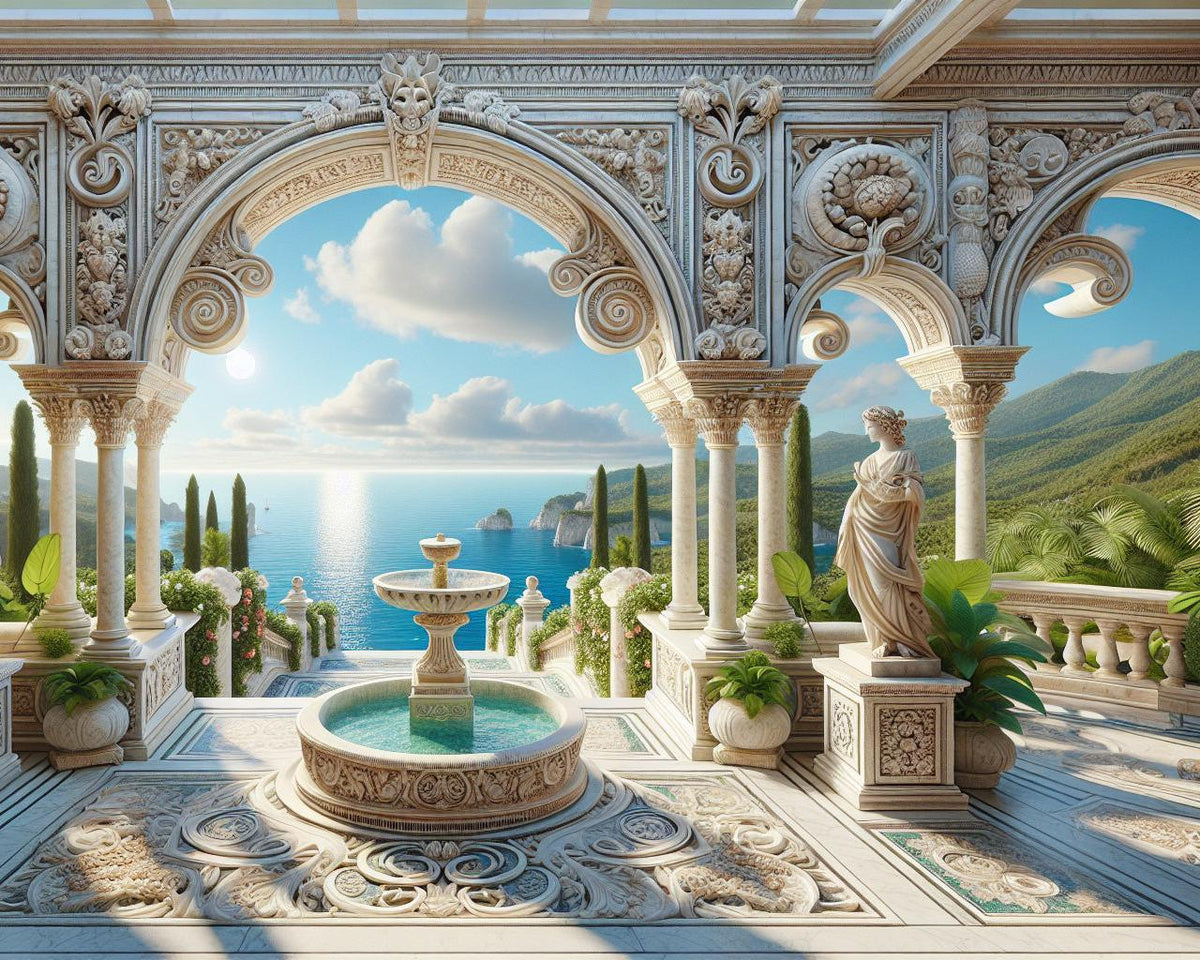 Papier peint trompe-l'œil fontaine méditerranéenne