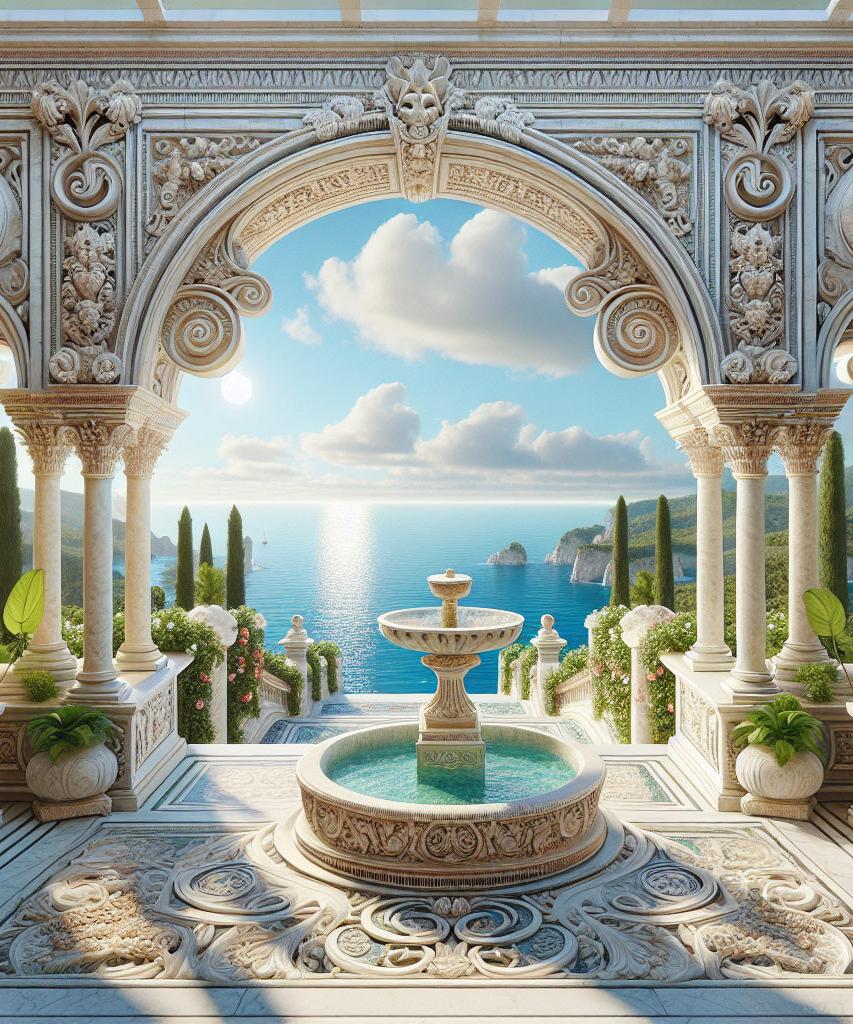 Papier peint trompe-l'œil fontaine méditerranéenne