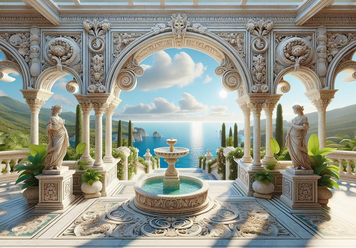 Papier peint trompe-l'œil fontaine méditerranéenne