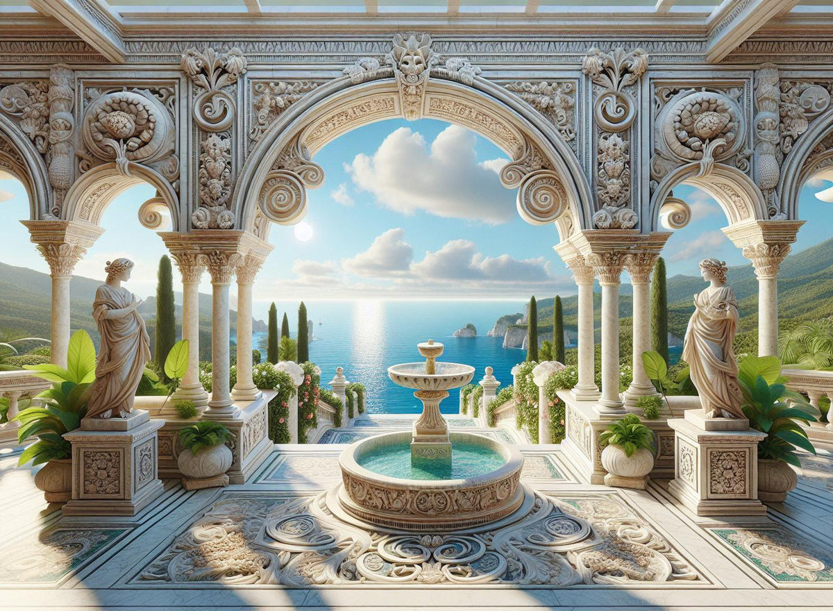 Papier peint trompe-l'œil fontaine méditerranéenne