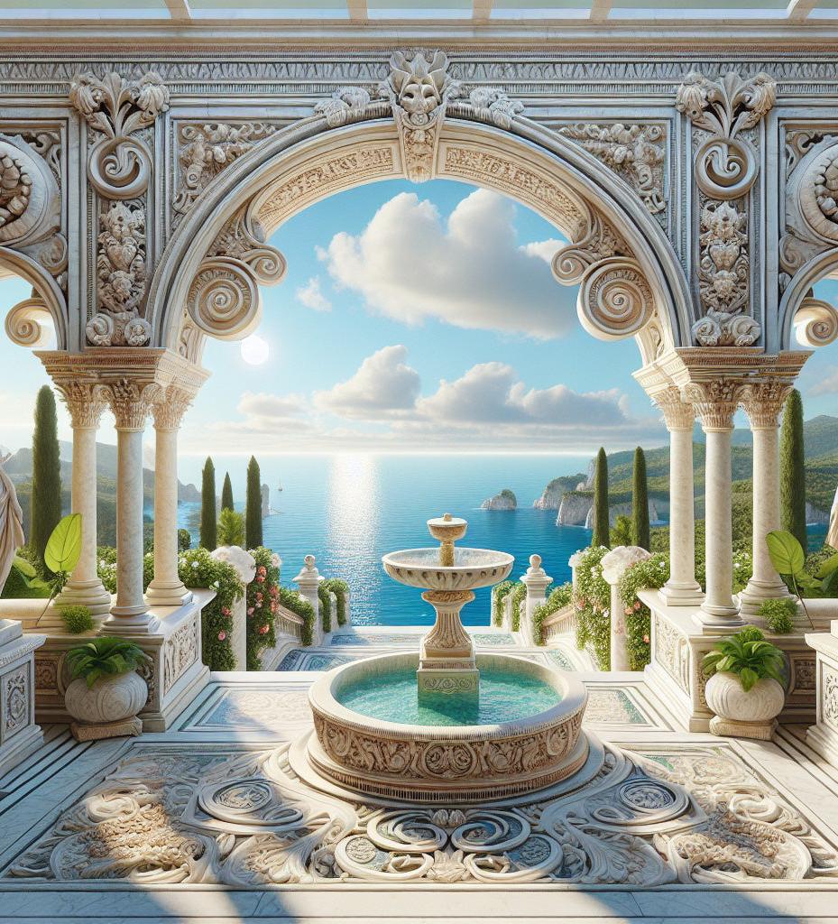 Papier peint trompe-l'œil fontaine méditerranéenne