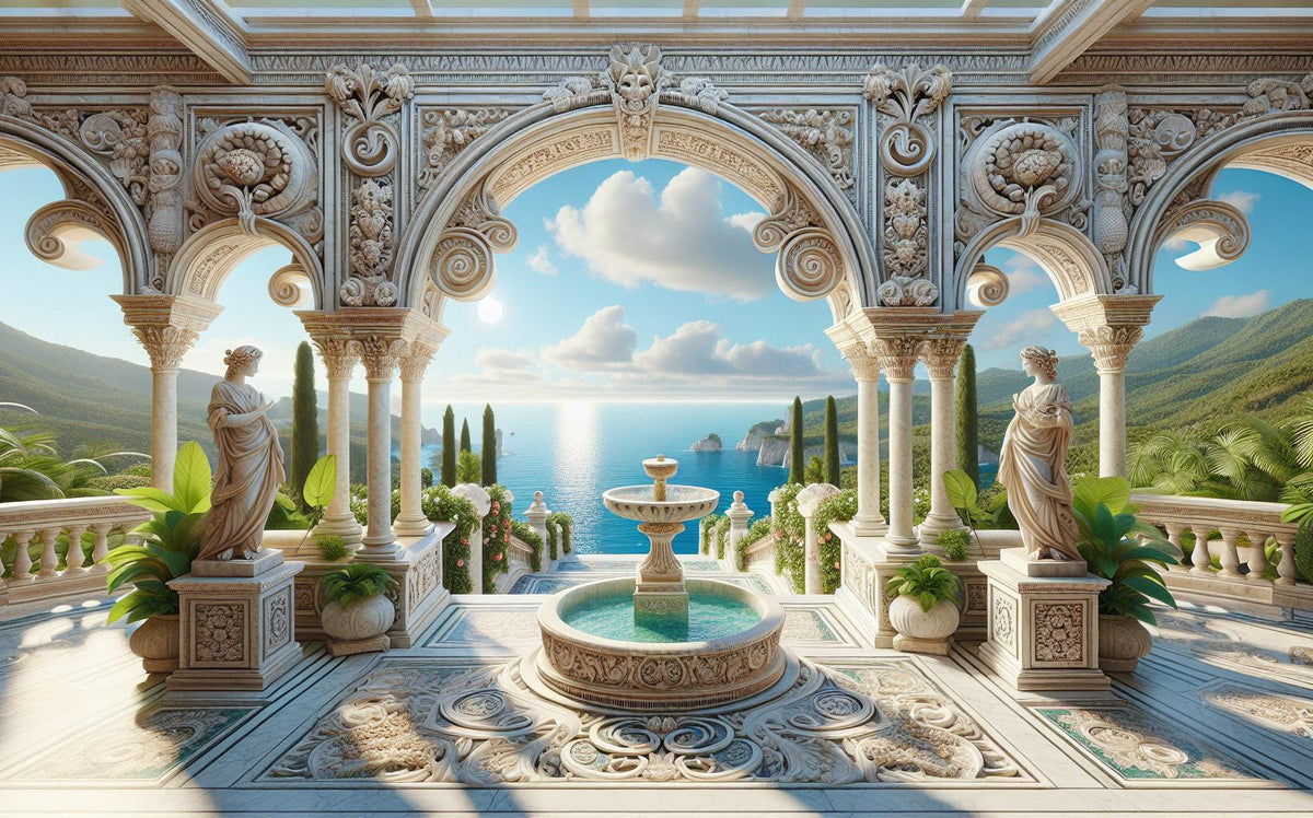 Papier peint trompe-l'œil fontaine méditerranéenne