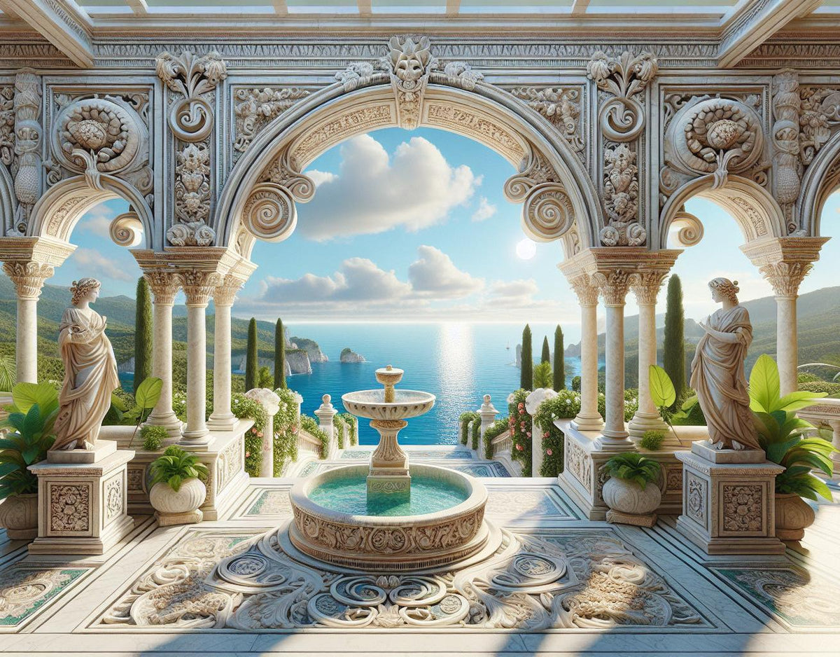 Papier peint trompe-l'œil fontaine méditerranéenne